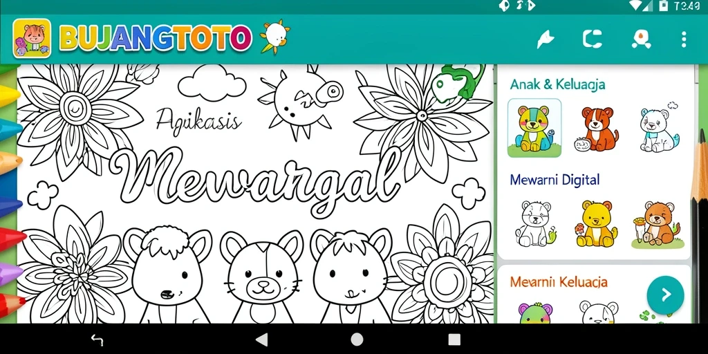 Antarmuka BUJANGTOTO yang ramah anak dengan pilihan gambar mewarnai.