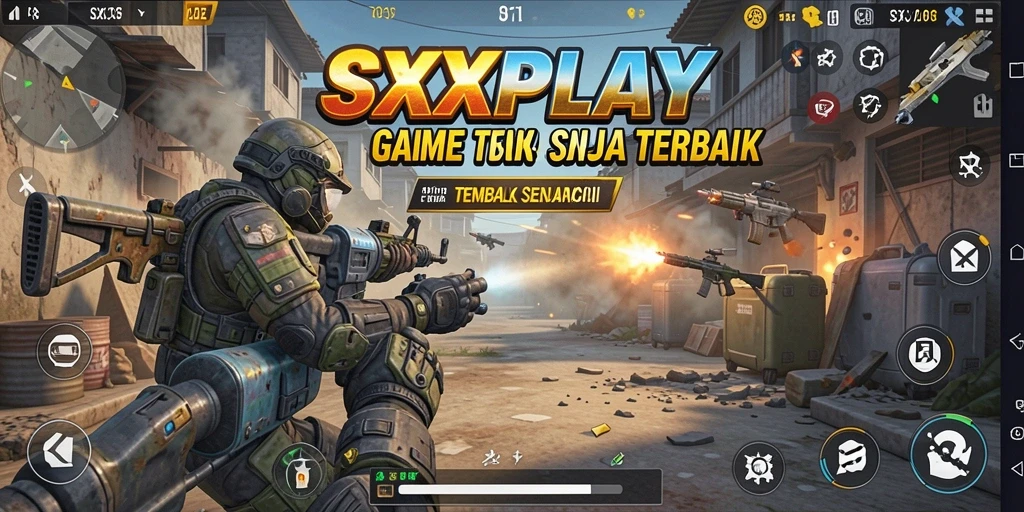 Tampilan antarmuka SXXPLAY yang menampilkan aksi tembak-menembak yang mendebarkan.